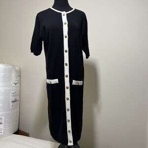 Vintage 70s Sweater Knit Dress Black White Cardigan Button Office Career Retro M